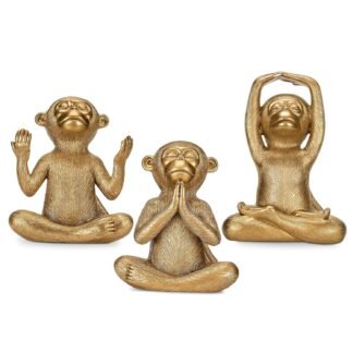 3 Gold Monkey Statues Decor Set Zen Monkey Figurines Cute Yoga Sculpture Spiritual for Bookshelf Living Room Desk Table Home Office Shelves Statues Decoration Gifts for Mom Women