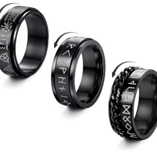 3Pcs Stainless Steel Ring for Men Women Cool Black Ring Set Viking Rune Band Ring Engagement Wedding Promise Band Rings