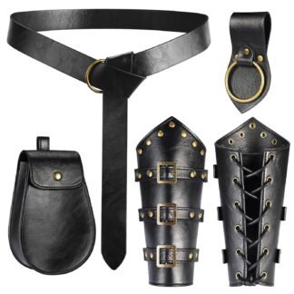 5 PCS Renaissance Accessories Ren Faire Viking Belt Medieval Waist Belt Pouch Leather Arm Bracers and Medieval Sword Holder for Renaissance Cosplay