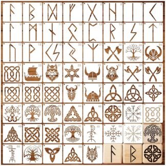 60pcs Runes Stencils for Painting on Wood Burning Patterns Tree of Life Stencils Nature Stencil Tree Paint Template on Art Craft Canvas Wall Fabric Rock (60runes)