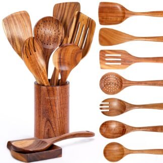 9 Piece Natural Teak Wooden Kitchen Utensil Set with Spoon Rest - Comfort Grip Cooking Spoons and Utensils Holder