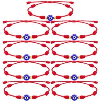 9pcs Evil Eye 7 Knot Lucky Bracelets, Rakhi for Brother and Bhabhi Adjustable Red String Amulet for Women Men with Gold Bead, Protection Jewelry Hand Bracelet