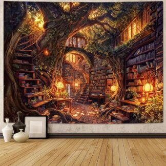 Accnicc Forest Library Tapestry Tree Bookshelf Tapestries Wall Hanging Vintage Fantasy Fairy Treehouse Book Large Tapestry for Bedroom Living Room Dorm Classroom 80 x 60 inch