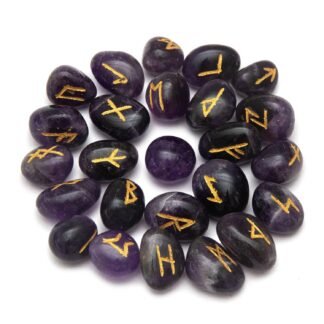 Amethyst Runes Stone Set with Velvet Pouch, Elder Futhark Viking Engraved Divination Runic Alphabets Symbols for Reiki Witches & Energy Balancing