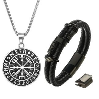 Aroncent Viking Necklace Bracelet Set: Stainless Steel Vegvisir Compass Pendant with Leather Braided Bracelet - Viking Rune Pendant with Wristband for Men
