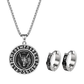 Aroncent Viking Wolf Necklace Earrings Set: Stainless Steel Norse Compass Pendant with Runes Chain 24" and Huggie Hoop Earrings for Men