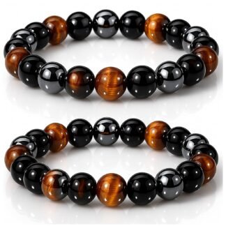 Black Obsidian Hematite Triple Protection Bracelets - Tiger Eye Beaded Natural Stone Set for Men Women Crystal Gemstone