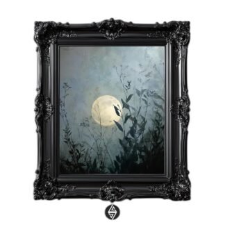 Botanical Moon Wall Art Print featuring plant silhouettes in a moody night garden with lunar glow for dark academia decor