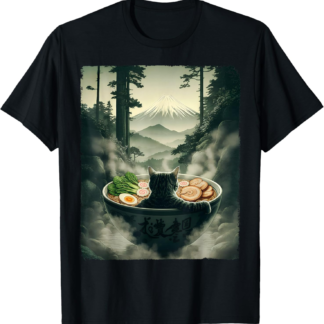 Cat Ramen Mount Fuji Zen Aesthetic Funny Japanese Graphic T-Shirt