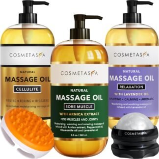 Cosmetasa Body Massage Oil Therapy Kit – Arnica & Lavender Oil for Relaxation and Sore Muscles – Includes Anti-Cellulite Oil, Roller Ball & Mitt for Firming Skin – Spa Gift Set...