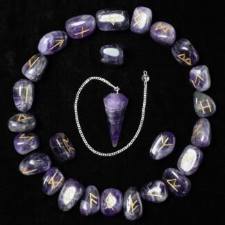 Crocon Amethyst Gemstone Engraved Rune Stones Set (25 Pcs) with Elder Futhark Alphabets & 1 Amethyst Pendulum 950+ Carats | Size: 15-20 mm