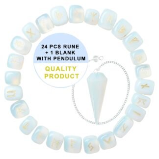 Crocon Fathers day gift Opalite Gemstone Engraved Rune Stones Set (25 Pcs) with Elder Futhark Alphabets & 1 Oplaite Pendulum 950 + Carats | Size: 1520 mm