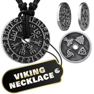 Double-Sided Viking Necklace for Men – Vegvisir Rune Compass, Thor’s Hammer, Valknut & Triquetra Amulet – Norse Protection Coin Pendant, 1.3" Nordic Jewelry Talisman