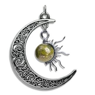 Epidote With Pyrite 1/2 Sun in Crescent Celtic Moon Wire Pendant- Black Niobium/Silver/Steel/Copper/Bronze/14K Gold, or 14K Rose Gold- Pendant Green Gemstone Jewelry Sun Moon...