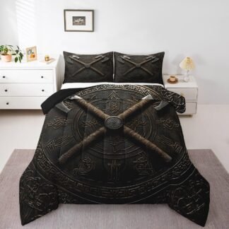 Erosebridal Ancient Viking King Bedding Comforter Sets Double Battleaxe Bedding Set Vintage Exotic Tribe Comforter Set Brown Black Retro Rune Quilt Duvet for Kids Teen Adults...
