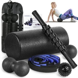 Foam Roller Set - High Density Back Roller, Muscle Roller Stick,2 Foot Fasciitis Ball, Stretching Strap, Massager Ball for Whole Body Physical Therapy & Exercise, Yoga, Back...