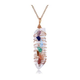 GEHECRST Natural Raw Clear Quartz Point Pendant Necklace Reiki 7 Chakra Healing Crystal Gemstone Chips Rose Gold Copper Wires Wrapped Necklace for Men, Women