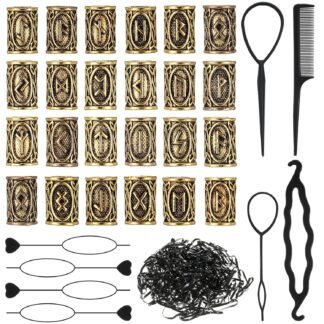 Geosar 24 Pcs Norse Vikings Runes Hair Beard Beads for Bracelets Necklace Accessories DIY Includes 7 Pcs Pull Hair Pin Quick Beader Tool and Black Rubber Bands for Women Men(Gold)