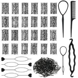 Geosar 24 Pcs Norse Vikings Runes Hair Beard Beads for Bracelets Necklace Accessories DIY Includes 7 Pcs Pull Hair Pin Quick Beader Tool and Black Rubber Bands for Women...