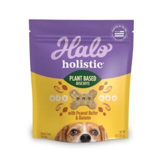 Halo Holistic Vegan Dog Treats, Plant-Based Dog Treat with Oats, Peanut Butter & Banana, Vegan Treat Pouch, 8 Oz bag