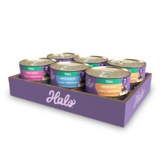 Halo Wet Cat Food Variety Pack, Three Canned Wet Cat Pate, Chicken, Turkey & Whitefish, 5.5 Oz Can (Pack of 12)