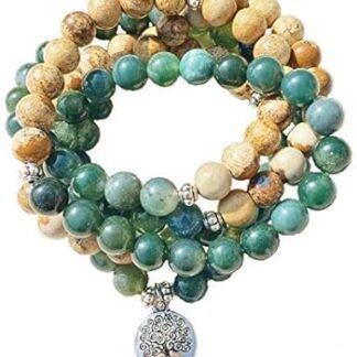 Handmade Chakra Mala Necklace – Moss Agate & Picture Jasper – Tree of Life Charm – 108 Beads – Yoga Meditation Jewelry – Reiki Energy – USA Artisan