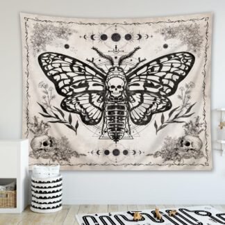 Homewelle Skull Moth Tapestry Gothic Wall Art 59Wx51H Inch Vintage Butterfly Skeleton Floral Moon Phase Witchy Crescent Astrology Mystic Black Beige Wall Hanging Bedroom Living...
