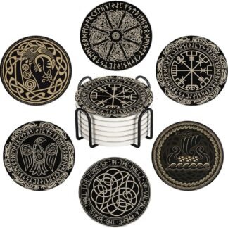 HUXJOKO Coasters for Drinks Set of 6,Black Viking Magical Runic Absorbent Ceramic Coaster,Round Stone Mat,with Cork Base and Metal Holder for Coffee Table Room Bar Home Decor...