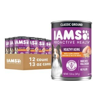 IAMS Proactive Health Healthy Aging Wet Dog Food Classic Ground with Slow Cooked Chicken and Rice, 13 oz. Cans (12 Count, Pack of 1)