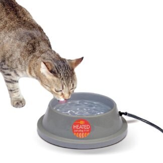 K&H Pet Products Thermal-Bowl Heated Water Bowl for Cats & Dogs Outside, Safety Listed Outdoor Heated Dog Dish for Pets, Automatic No Freeze, Anti Chew Cord - 32 Ounces Gray 12W