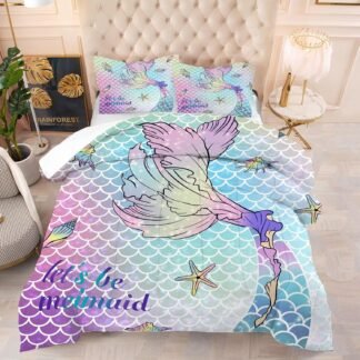 kxry Mermaid Tail Comforter Set Queen Size Gradient Fish Scales Sea Bedding Sets for Girls Teens Kids Ocean Starfish Conch Soft Microfiber Lightweight Comforter Set with 1...