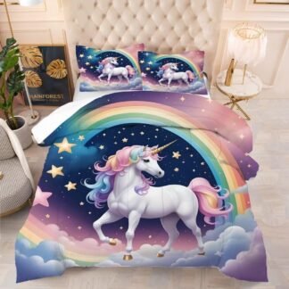 kxry Unicorn Galaxy Comforter Sets Queen Size Cartoon Blue Sky Rainbow Bedding Set Star Cloud Bedding Quilt for Kids Teens Girls 1 Comforter+ 2 Pillowcases