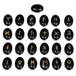 mookaitedecor Black Obsidian Crystal Rune Stones Set of 25, Flatback Cabochon Stone Engraved Elder Futhark Alphabet Symbol Wiccan Crystals for Divination and Healing