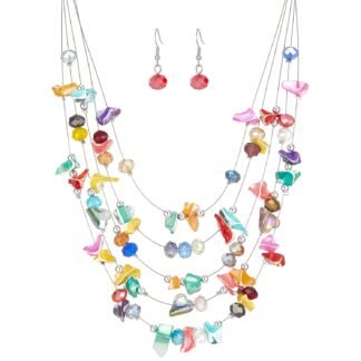 Multi-Layer Boho Shell Beaded Necklace for Women Colorful Crystal Strand with Silver Beads Statement Collars Necklace and Earrings Costumes Jewelry Sets for Women
