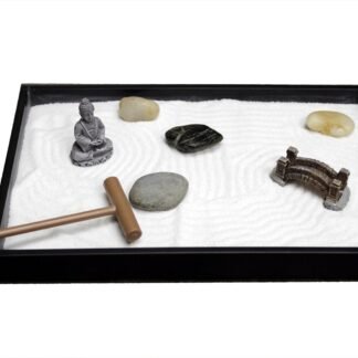 Nature's Mark Mini Zen Garden Kit for Desk with Rake, White Sand, Buddha Figures, Bridge Figure and River Rocks, Black Rectangle Base