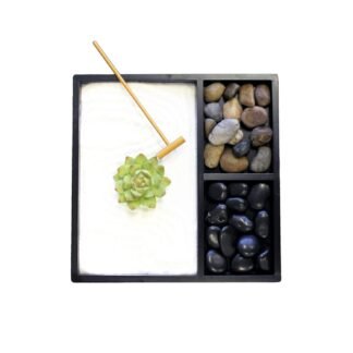 Nature's Mark Mini Zen Garden Kit for Desk with Rake, White Sand, Lotus Figure, 3 Sections Black Square Base, River Rocks and Black Rocks (9Lx9W C)