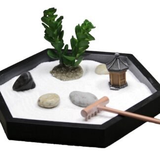 Nature's Mark Mini Zen Garden Kit for Desk with Rake, White Sand, Miniature Pagoda Figure, Black Hexagon Base, River Rocks, Miniature Succulent