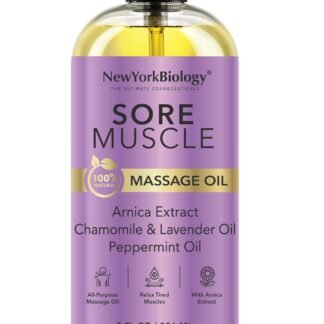 New York Biology Sore Muscle Massage Oil 8 Fl Oz – Made with 100% Natural Oils – Soothing Body Massage Oil - Absorbs Easily