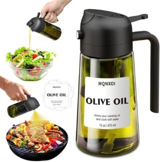 Oil Sprayer for Cooking, 2 in 1 Olive Oil Dispenser Bottle for Kitchen, 16oz/470ml Premium Glass, Food-grade Oil Mister for Air Fryer, Salad, Frying, BBQ (Black + Dark Green...