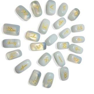 Opalite Gemstone Rune Stones Set with Elder Futhark Alphabet Engraved Symbol 25 pcs Set for Feng Shui Chakra Balancing Reiki Healing Crystal Runes Stones Set Size: 15-20 mm...