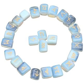Opalite Rune Stones Set with Elder Futhark Alphabet Engraved Symbol for Chakra Balancing Runes with Pouch & Rune Symbol brochure Size :- 20-25 mm App.