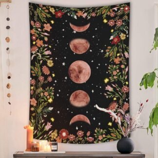 Rexful Moonlit Garden Tapestry, Moon Phase Surrounded by Plants and Flowers Black Wall Hanging Blanket 36×48 inch