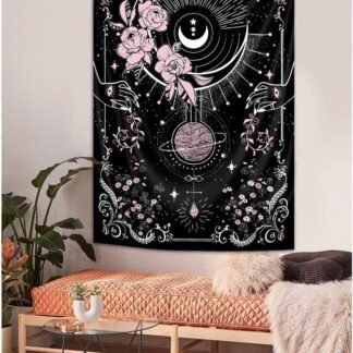 Riyidecor Pink Black Gothic Vertical Goth Tapestry Wiccan Witch Moon Tarot Wall Hanging Goth Floral Small Bohemian 30Wx50H Inch Stars Mystic Celestial Bedroom Living Room Dorm...