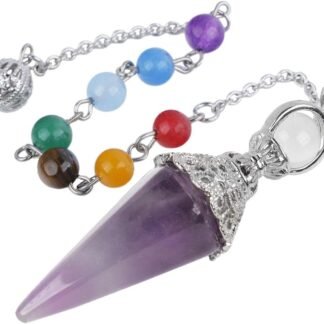 Rockcloud Natural Amethyst Crystal Pointed Pendulum with 7 Chakra Stone Beads Chain, 6 Facet Reiki Chakra Pendant for Divination Dowsing