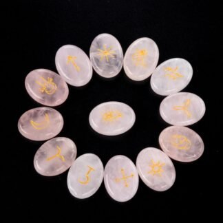 Rose Quartz Witches Runes Set of 13, Healing Crystal Stone with Engraved Gypsy Symbol for Meditation Divination