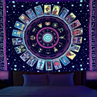 Simpkeely Blacklight Astrology Tarot Tapestry, Wheel of the Zodiac Spiritual Tapestries, UV Reactive Stars Constellation Decoration Wall Hanging Neon Tapestry for Bedroom...