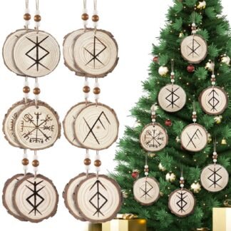 Thyle 12 Pcs Viking Rune Yule Decorations Rune Chain Prosperity, Good Luck, Love, Protection Sign Christmas Wood Hanging Ornaments Norse Pagan Tree Decor Natural Wood Gift