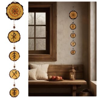 Thyle Yule Norse Decor Rune Chain Prosperity Good Luck Love Protection Bind Rune Hanger Decoration Rustic Norse Viking Circular Bind Protection Home Wood Hanging Decor