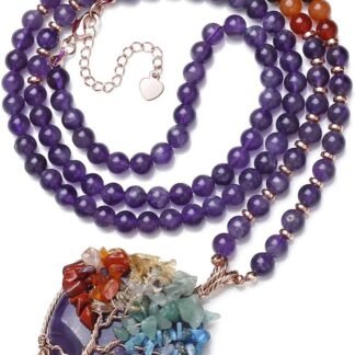 Top Plaza 7 Chakra Healing Crystal Natural Round Gemstone Pendant Necklace Life Tree Copper Wire Wrapped Beads Necklaces Reiki Jewelry for Women