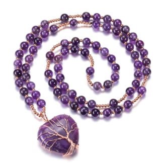 Top Plaza Healing Crystal Amethyst Necklace Natural Stone Beads Life Tree Wire Wrapped Teardrop Gemstone Pendant Jewelry for Women Mom